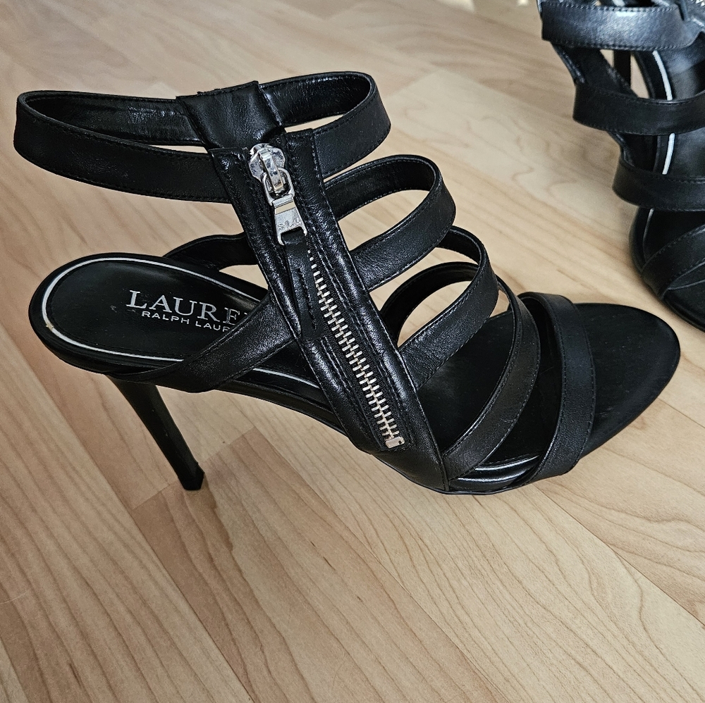 Ralph Lauren Black Strappy Heels with Zipper Detail